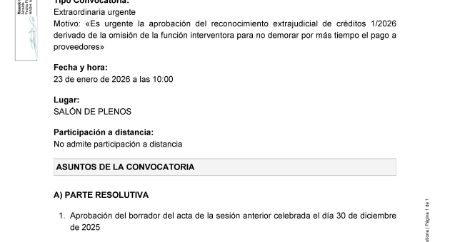 Convocatoria a Pleno sesión extraordinaria urgente, viernes 23 de enero